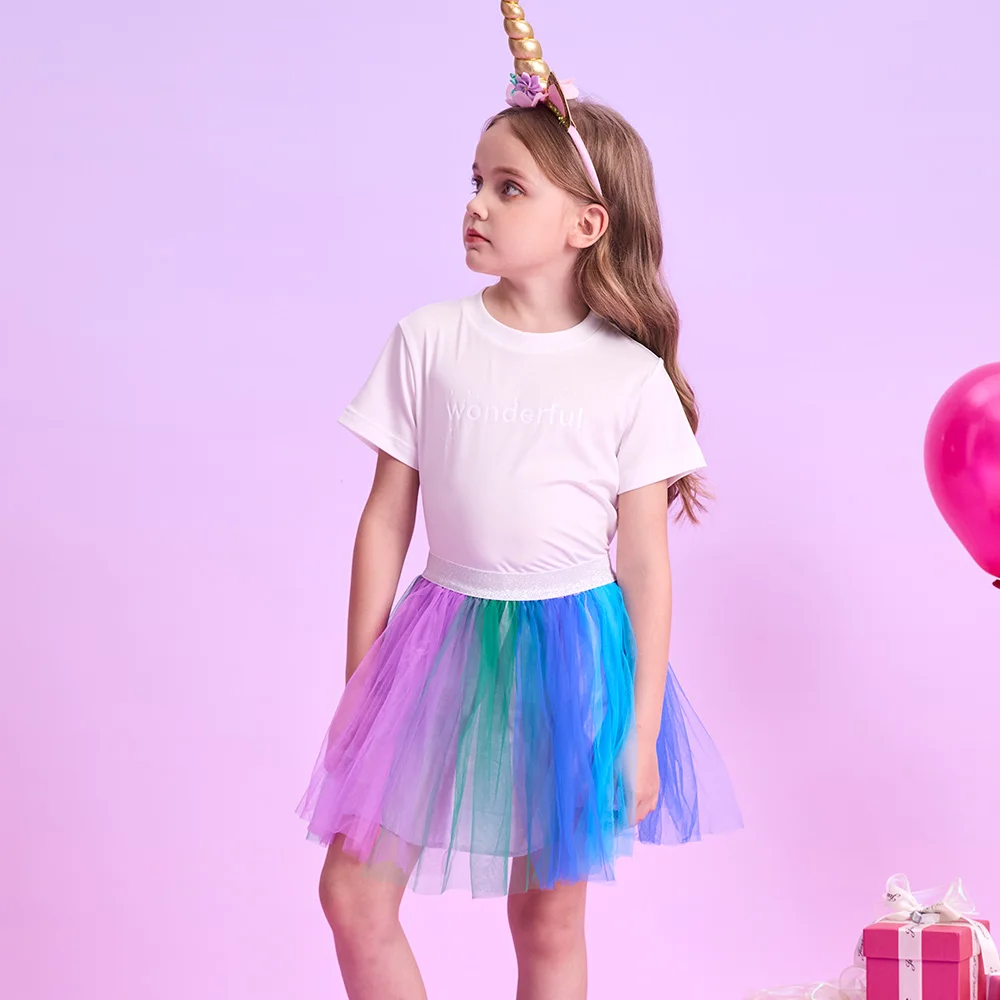 VIKITA Teenagers Girls Colorful Gradient Skirts Kids Fluffy Birthday Party Festival Casual Mesh Tulle Blue Elastic Cozy Skirts
