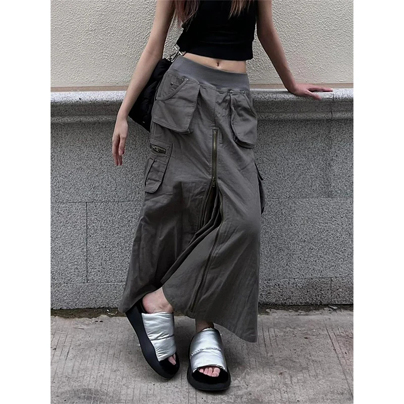 

Streetwear Cargo Skirts Women Y2K Vintage Pockets A Line Skirt Harajuku Korean High Waist Slit Zipper Casual Chic Skirts