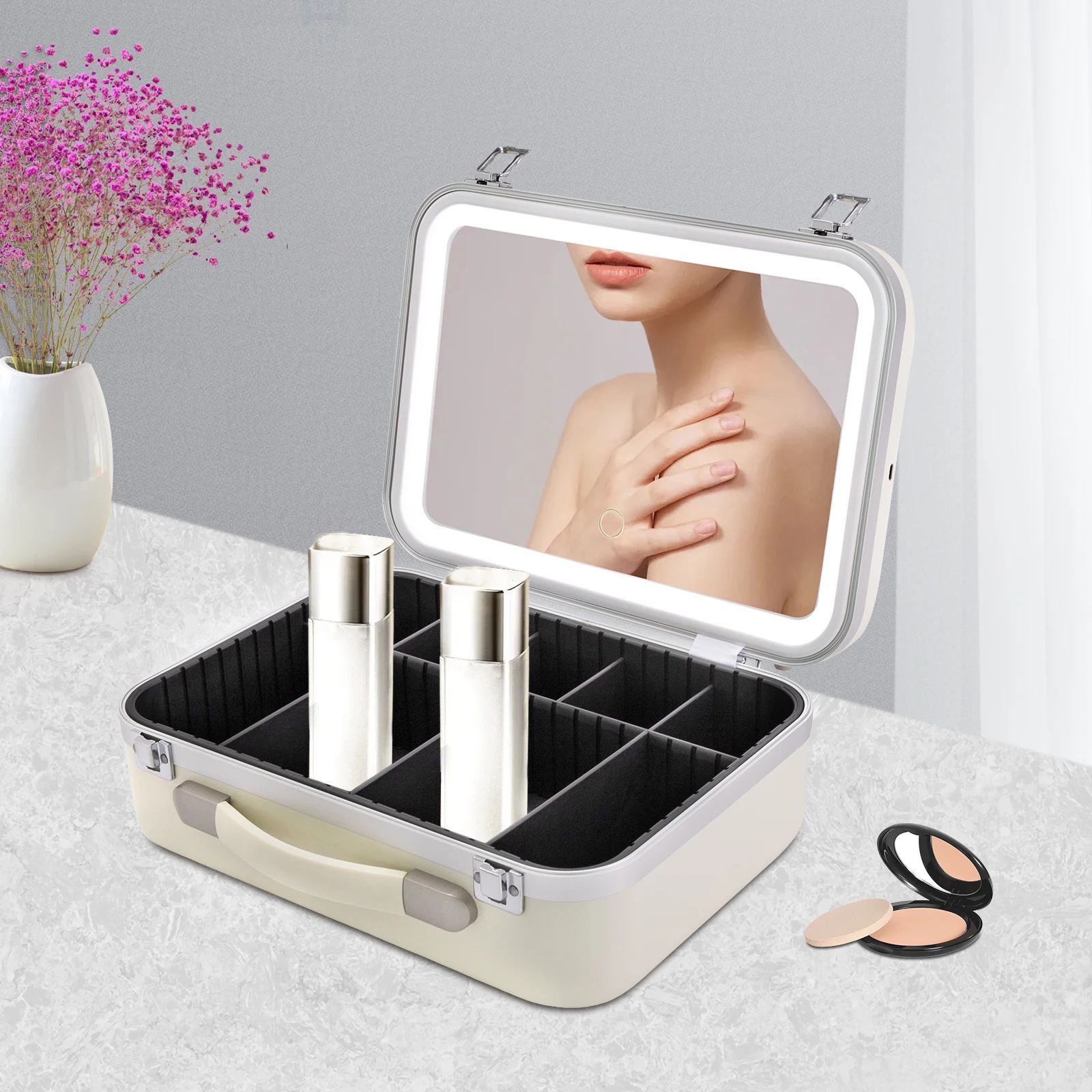 White Makeup Organizer Box with Upgraded Halogen Light and Mirror - Premium Cosmetic Storage Case