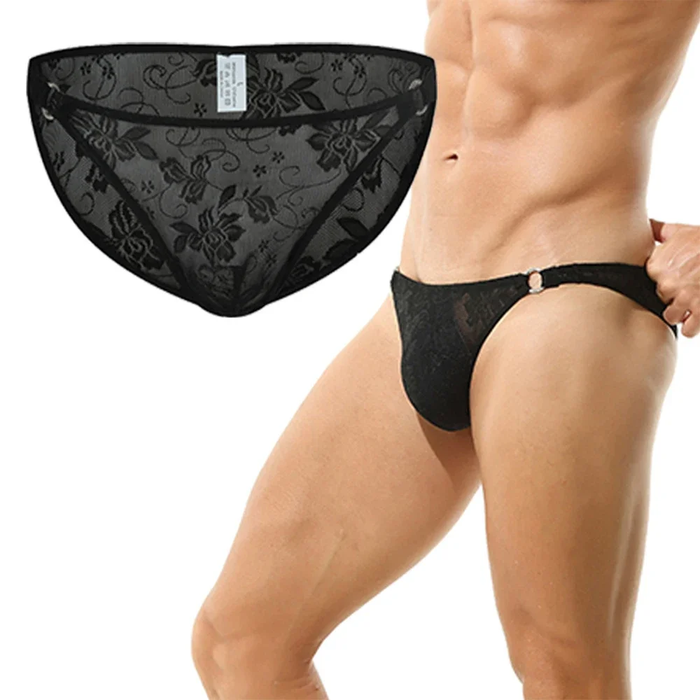 Cuecas sexy de renda transparente para homens, roupa interior respirável, ver através de cuecas, calcinha baixa, sissy sheer, lingerie erótica