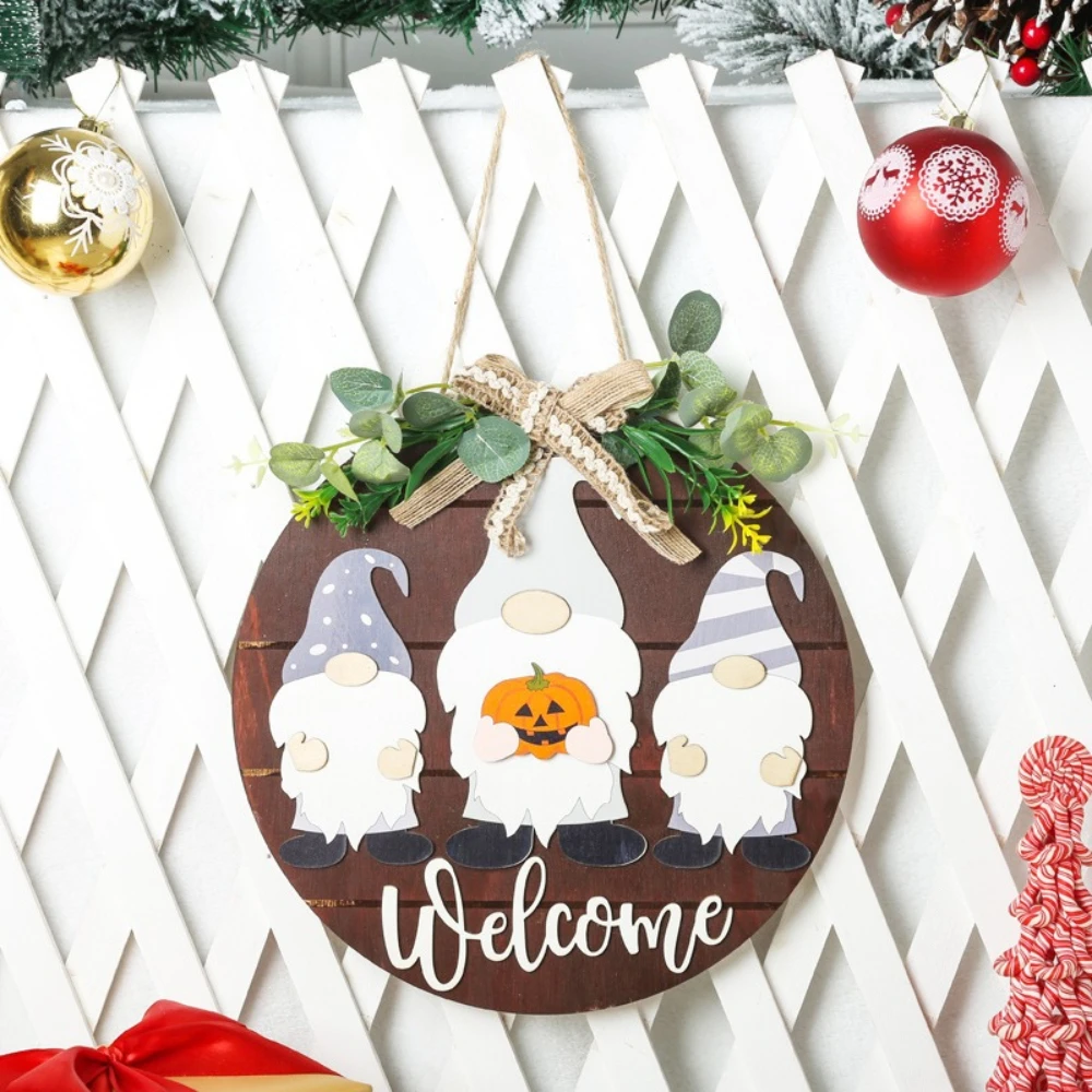 New DIY Wooden New Year Welcome Sign Christmas Halloween Harvest Festival Decorative Door Hanging Wreath Faceless Doll Pendant