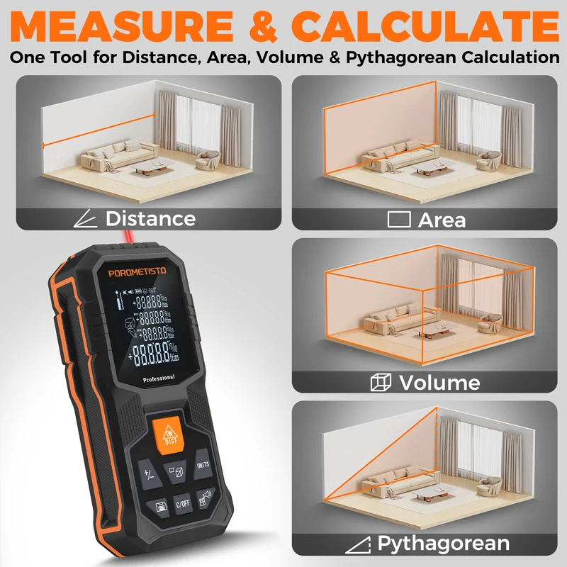 50m/80m 2-In-1 Laser Distance Meter with 30 Sets of Data Storage Laser Rangefinder Digital Tape Measure Angle Measurment Tool