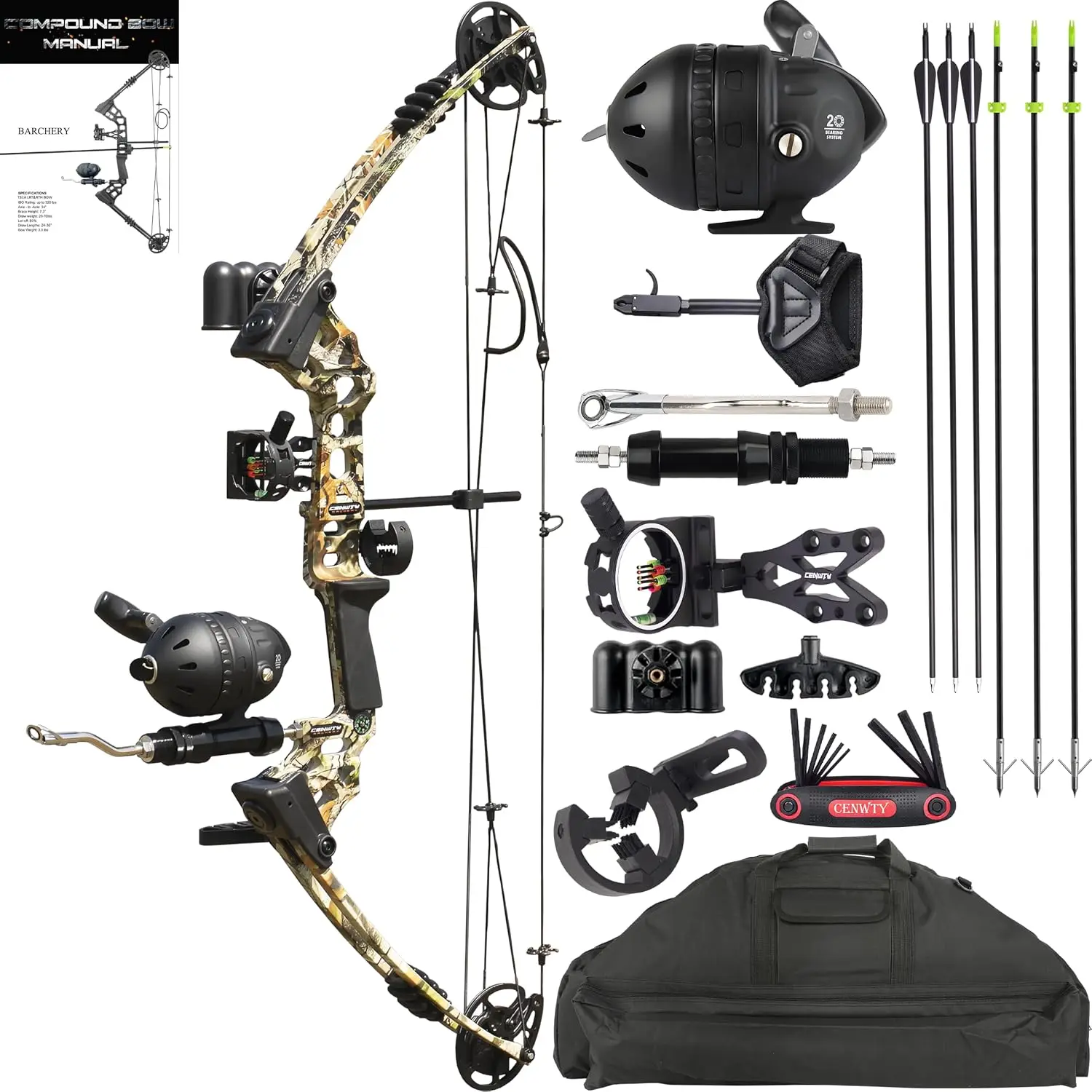 Complete Compound Bow for Hunting, 20-70 LBS Draw Weight, Includes Bowfishing Arrow and Fishing Reel, Ideal for Bowfishing, Archery Hunting