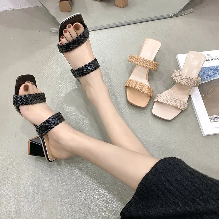 2022 New Fashion Summer Women Sandals Ladies Shallow Mouth Colorblock High Thick Shoes Middle Heel Ladies Slippers Plus Size