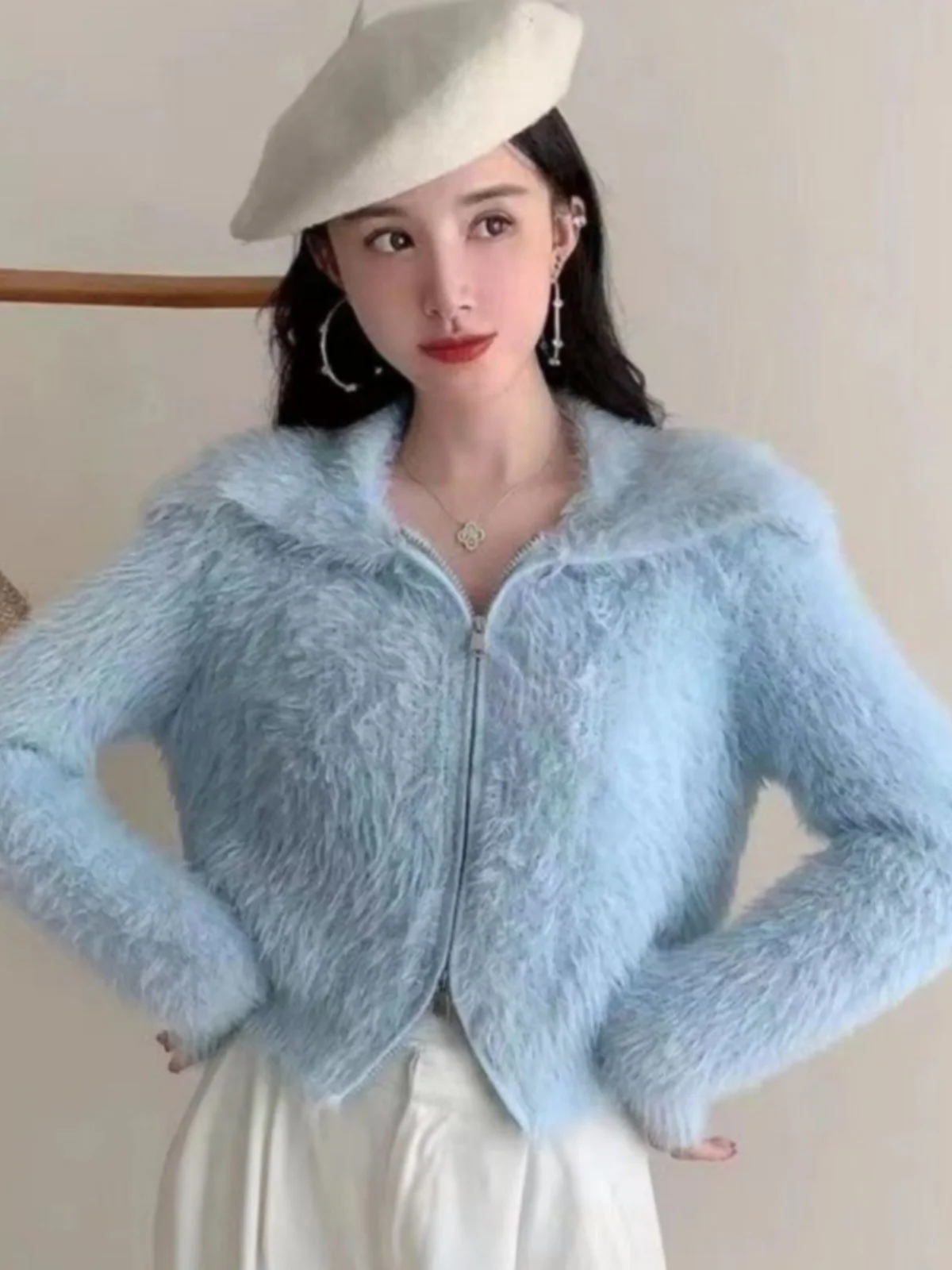 

Ort вязаный свитер, пальто, женское весенне-осеннее пальто, новинка 2024, высококачественная норковая бархатная женская верхняя одежда с большим воротником