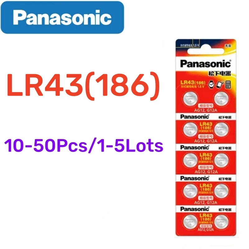 10-50pcs Original Panasonic LR43 186 AG12 386 SR1142 LR1142 SR43 301 V12GA 1.5V Alkaline Button Cell Battery For Watch Calculato