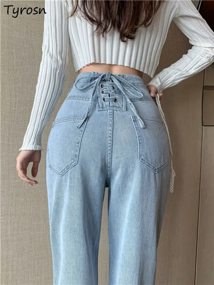 Jeans Women Bandage Design Streetwear Loose Stylish Denim Trousers Spring Korean Style Empire Students Simple Pure Retro Daily