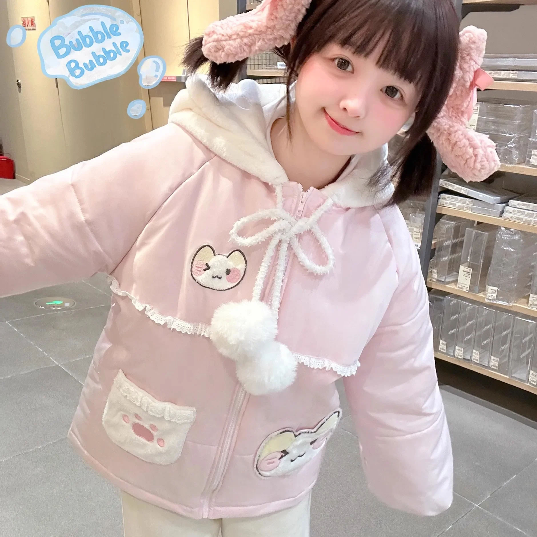 Original Japanese Pink Lolita Cotton Padded Coat Female Cute Sweet Soft Girl Kawaii Hooded Parkas Winter Warm Thickened Jacket