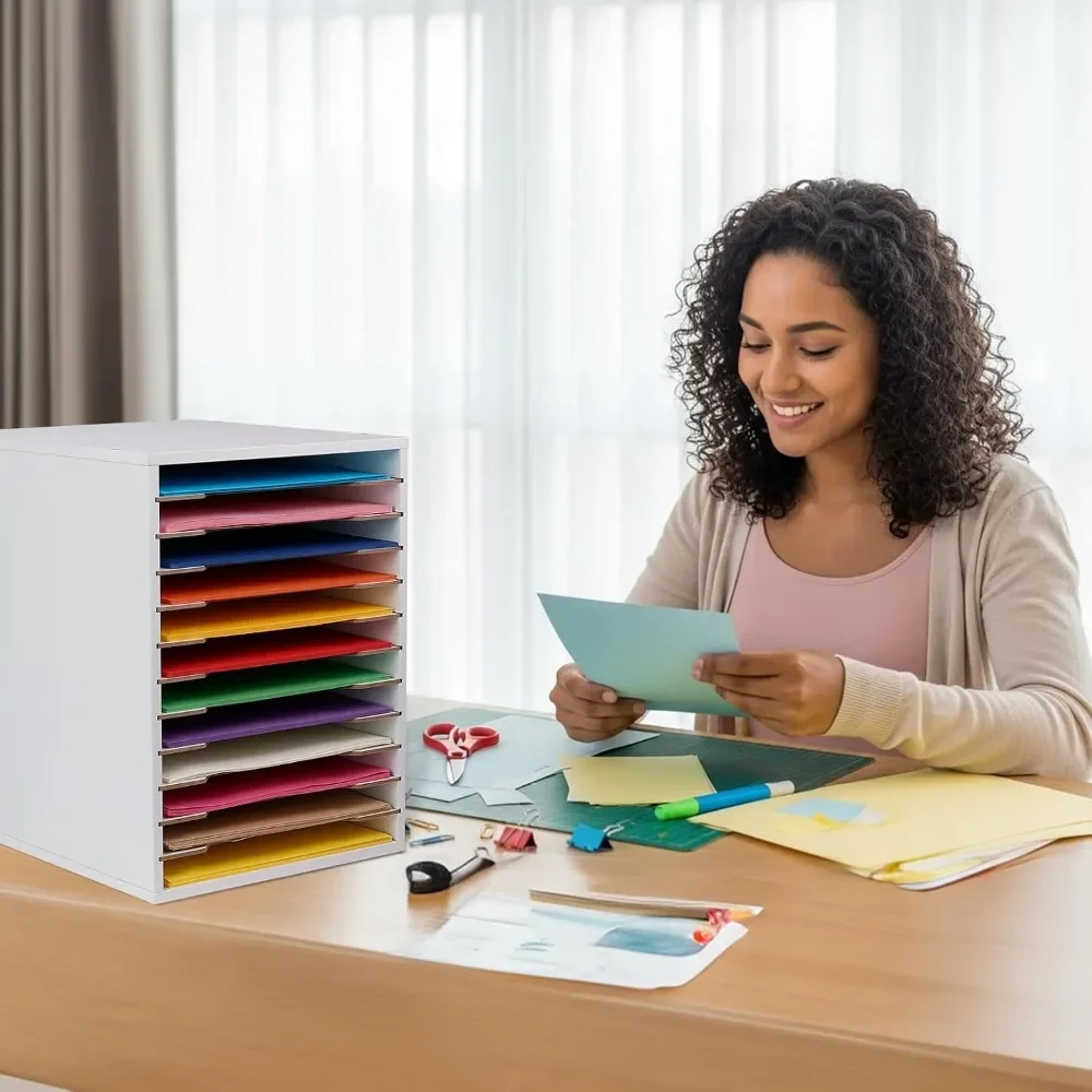 Adjustable 12-Slot Paper Organizer for 8.5x11 Sheets, Sturdy Wooden Shelf for Office Desk, Scrapbooking & Craft Storage - view 2