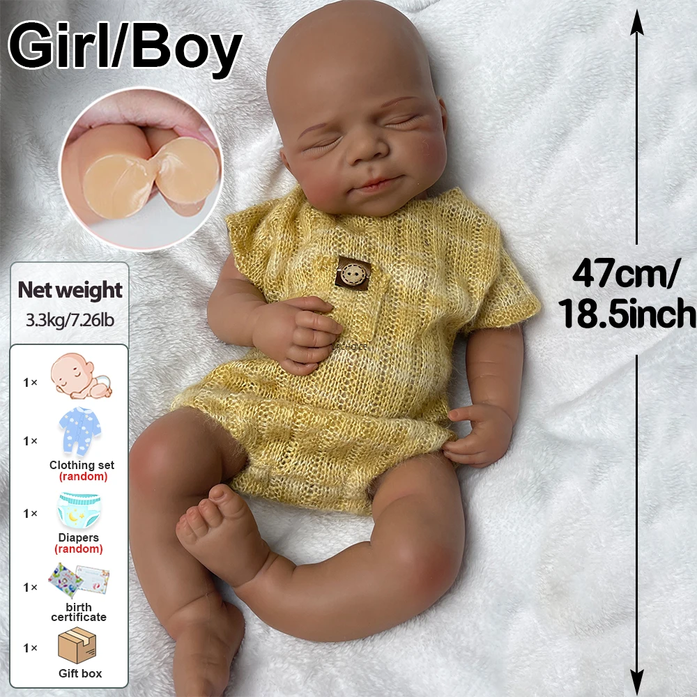 سريالية سيليكون ولادة جديدة دمية الأفريقية ذكر / أنثى 47 سم مرونة الجسم واقعية التعبير ، ومناسبة للأطفال لعبة هدايا عيد الميلاد