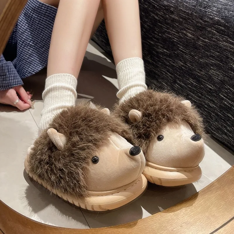 2024 Home Slippers Women's Indoor Cute Warm Winter Plush Cartoon Hedgehog Baotou Cotton Slippers