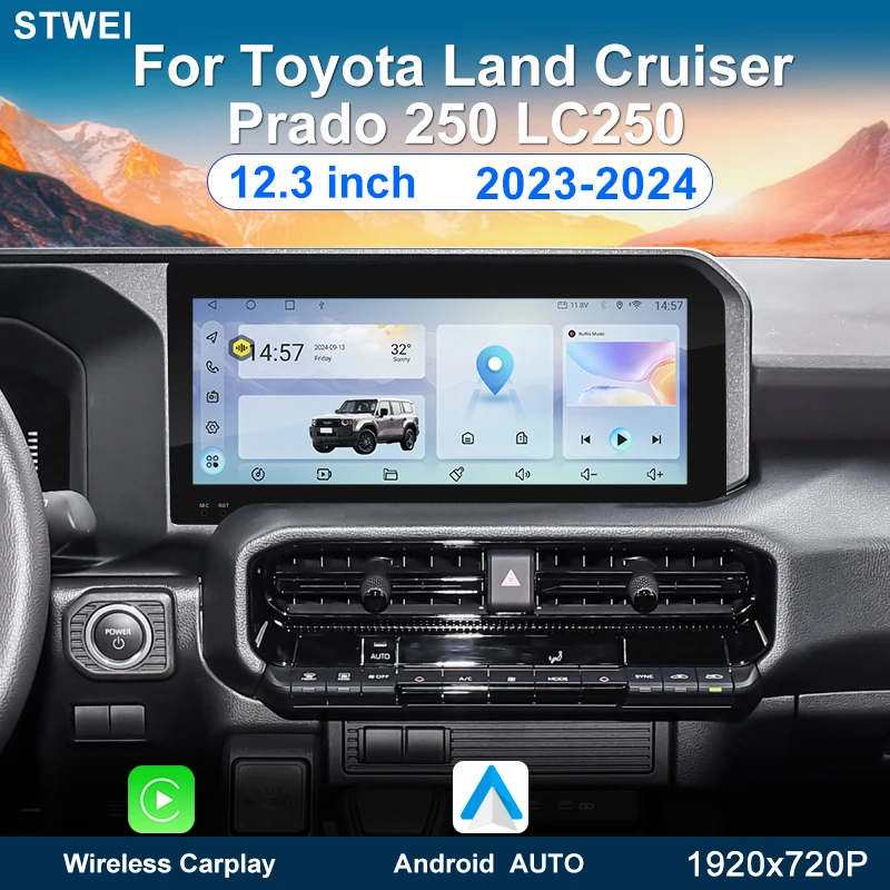 For Toyota Land Cruiser Prado 250 LC250 2023-2024 Car Radio Multimedia Player 12.3-inch Android 13 GPS Navigation CarPlay 4GWIFI