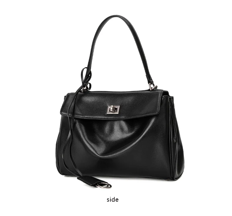 Echte Rindsleder-Handtasche für Damen, Einzel-Schulter-Umhängetasche mit Klappe und Knopf, Geräumige Hobo-Tasche – Detail 11