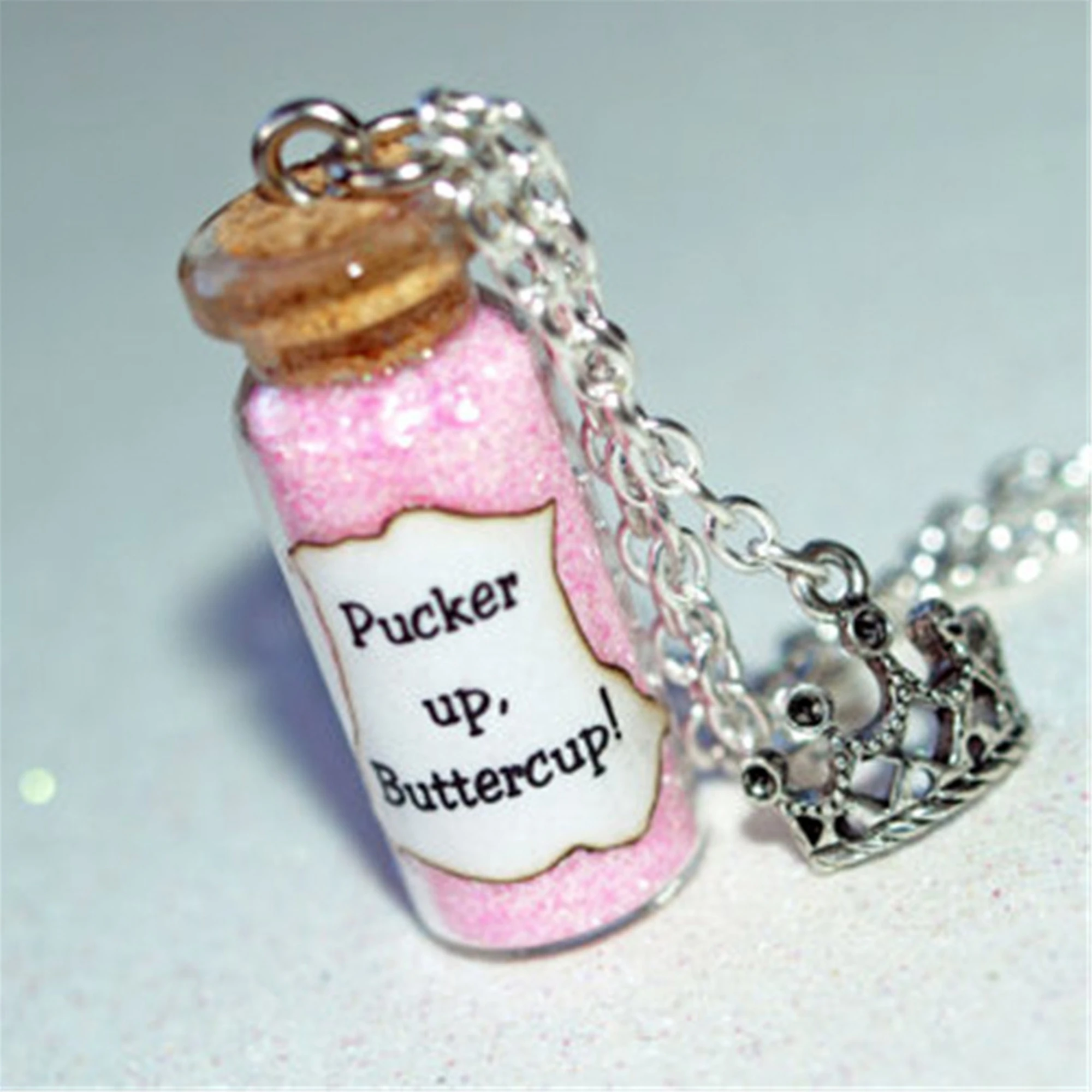 Pucker Up Buttercup Glass Bottle Necklace Tiara Charm, Charlotte The Princess and the Inspired Jewelry