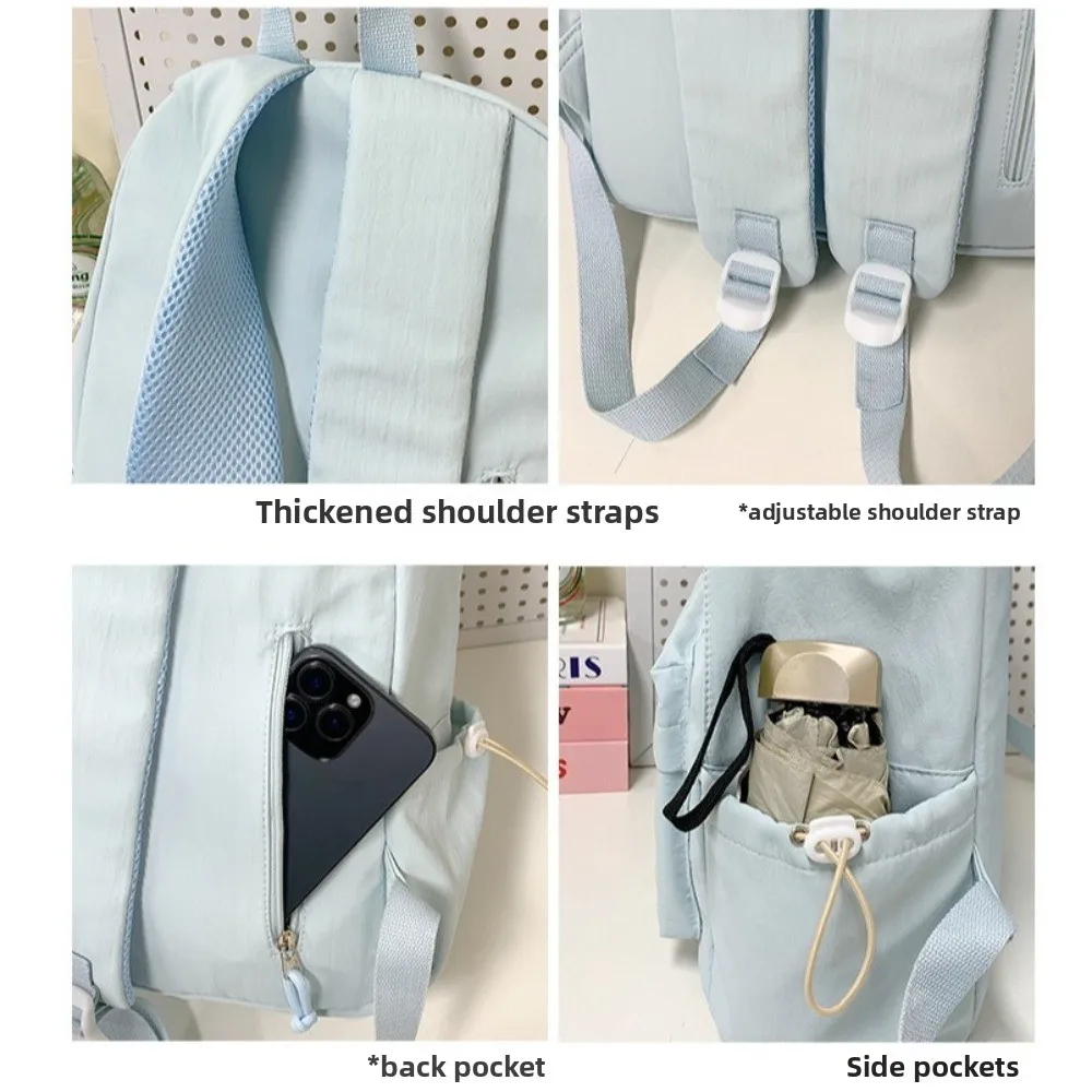 

Portable Embroidered Bow Girls Backpack Nylon Large Capacity Students Schoolbag Lightweight Solid Color Travel Rucksack
