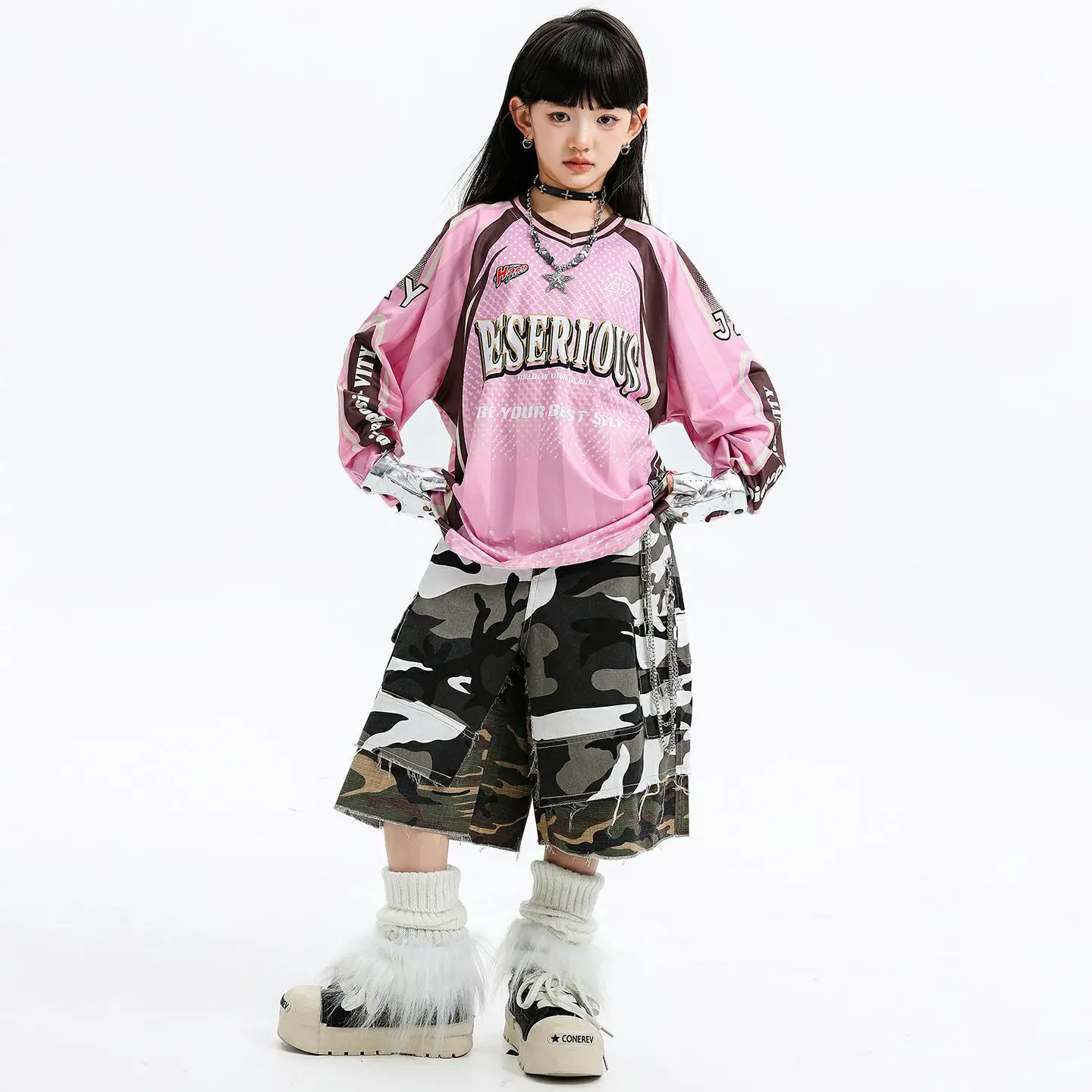 

Kid Kpop Hip Hop Clothing Pink Jersey T Shirt Top Color Block Camo Cargo Shorts Middle Pants for Girl Boy Dance Costumes Clothes