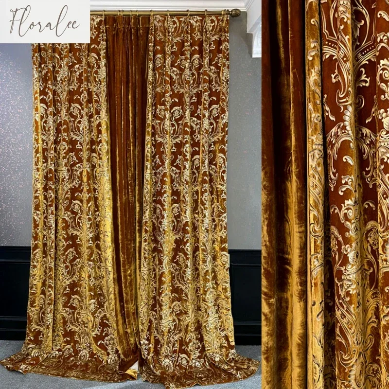New High-end Velvet Bronzing Luxury Curtains For Villa Living Room Bedroom Golden European Style Customizable Curtain Decoration