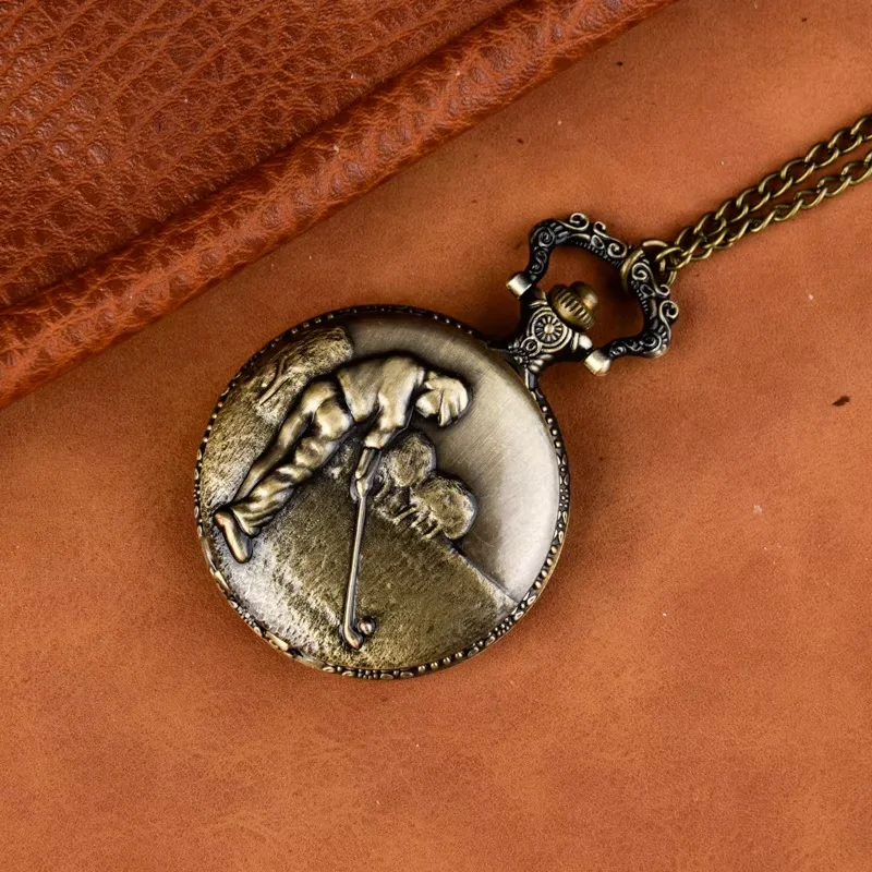 Quartz watch Large golf pattern pocket watch Alloy pocket watch Bronze clamshell necklace watch