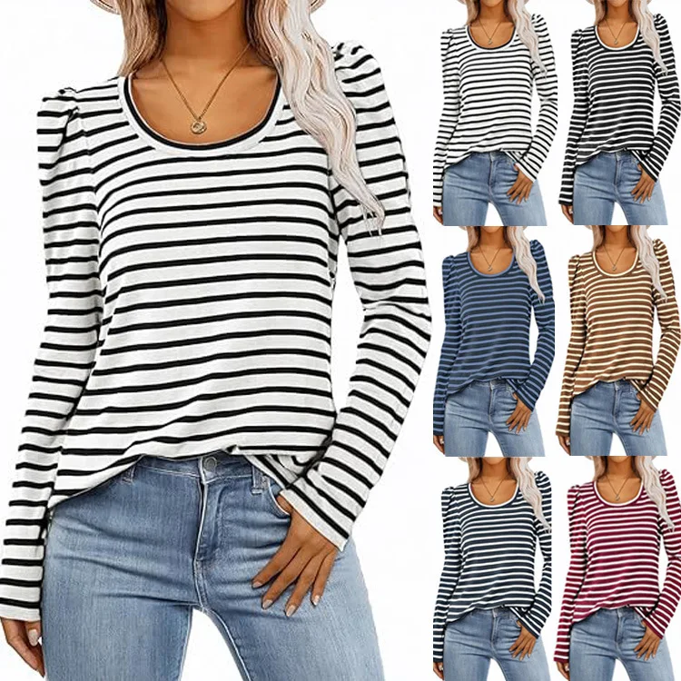 Spring Autumn Women's Tops 2024 New Long Sleeved Round Necked T-shirt Bubble Sleeves Casual Bottoming Shirt Female Striped Top