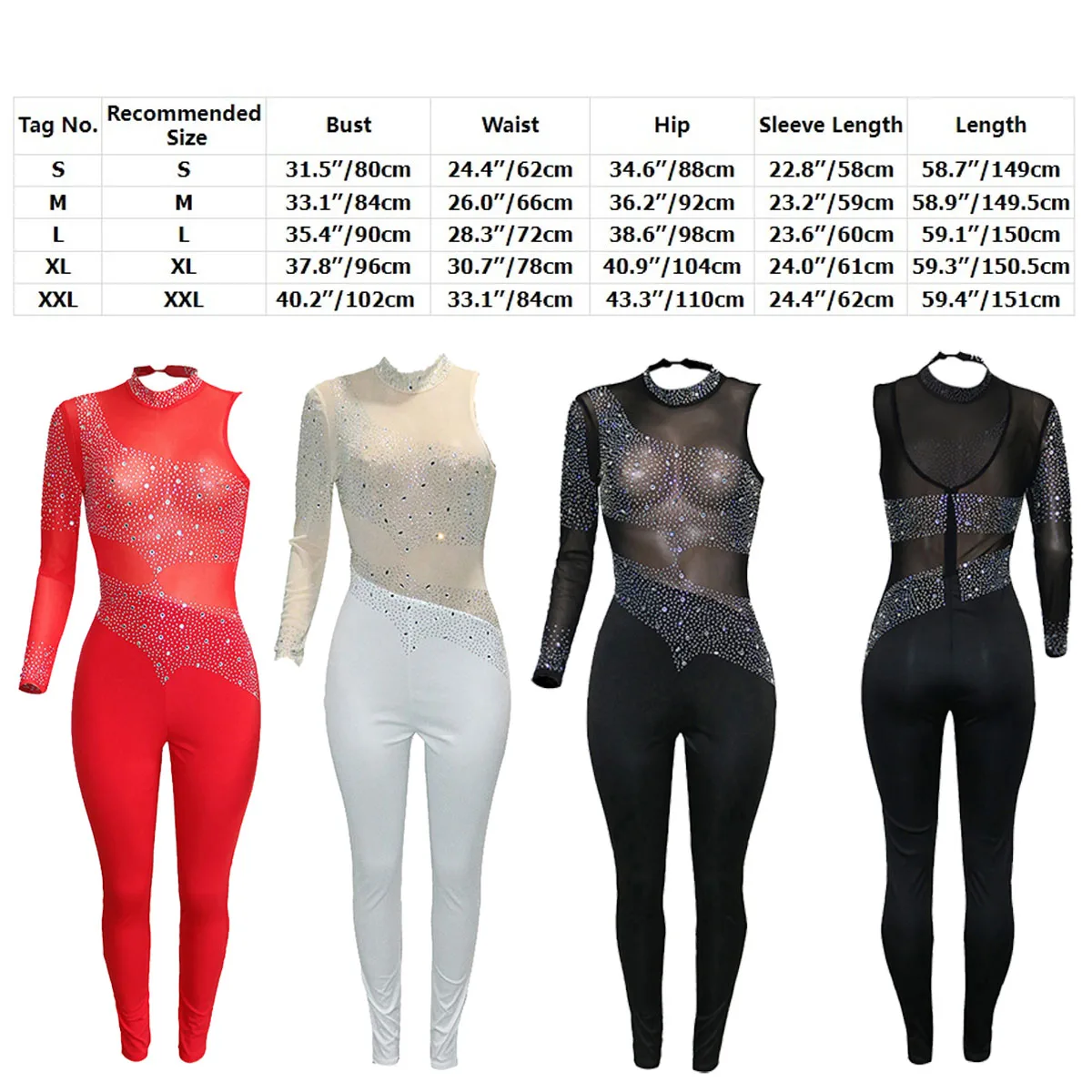 Womens Sparkling Rhinestone Body Jumpsuit Mesh Single Long Sleeve Ballet Gymnastics Leotard Fitness Sports Figure Skating Suit