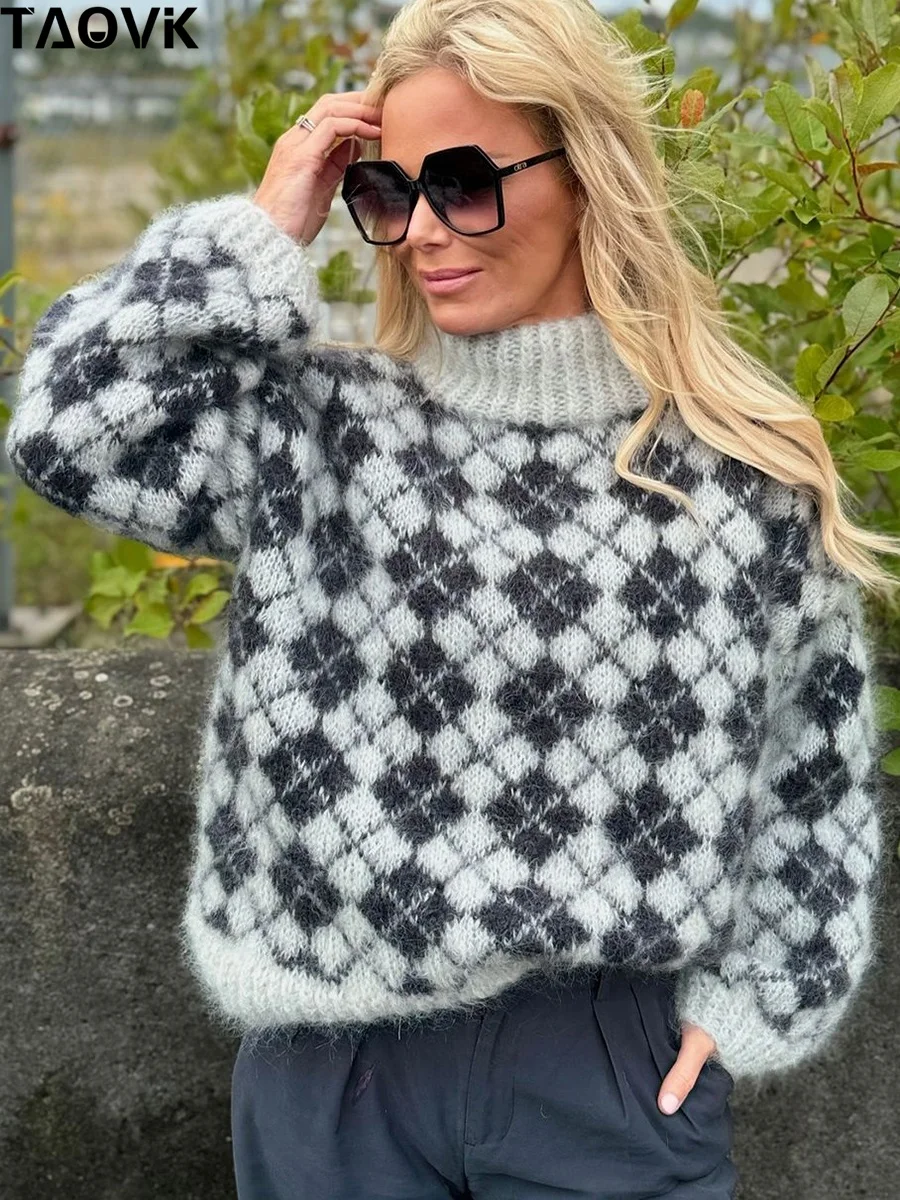 

TAOVK Autumn Winter Women Turtleneck Sweater Loose Elegant Warm Knitted Pullovers Fashion Color Blocking Tops Knitwear Jumper