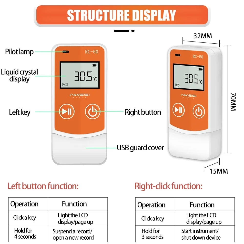 AIKESI RC-60 Humidity & Temperature Measurement Data Logger With LCD Screen Data Logger Temperature Food Cold-chain Logistics