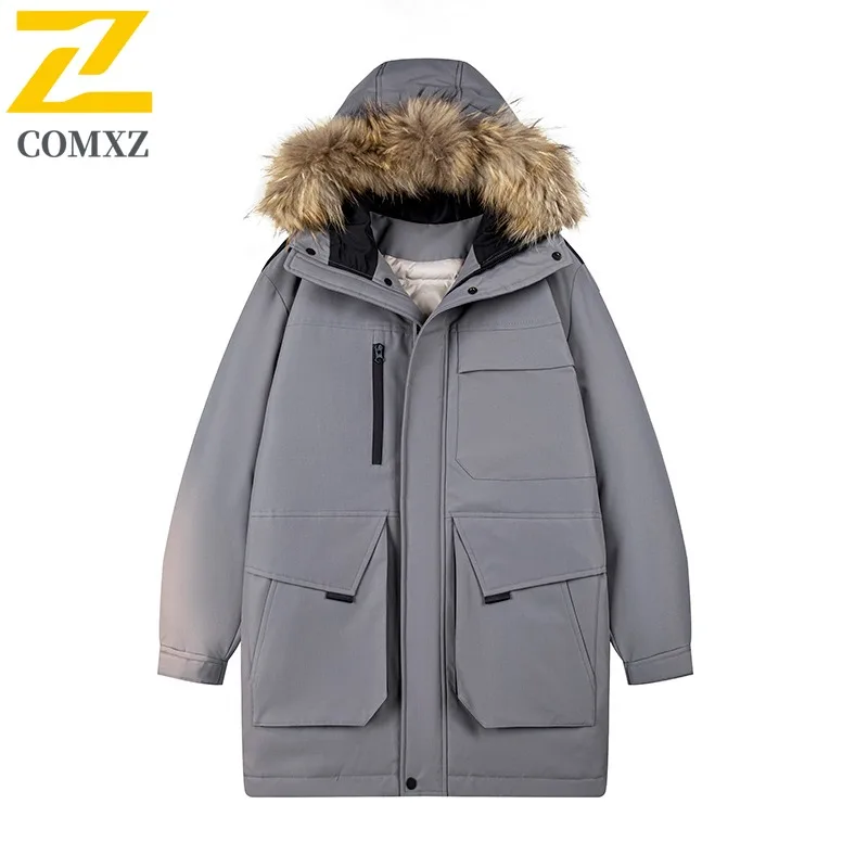 COMXZ Men Long Down Parka Multi Pocket Hooded Ski Travel Warm Loose Snow Padded Jacket Windproof Street Classic Winter Jackets