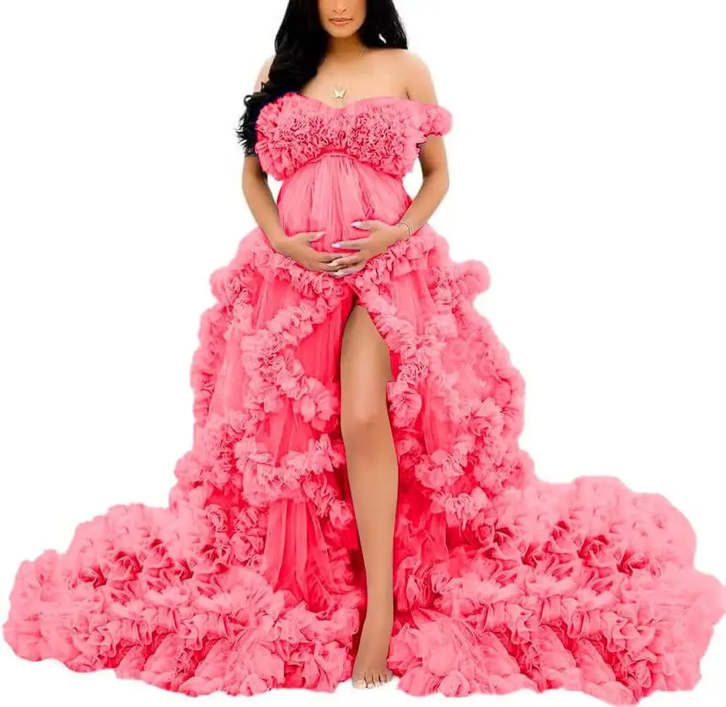 Fotoshoot & babyshower tule zwangerschapsjurk - off-shoulder, puffy ruches, elegante lange jurk voor zwangerschap