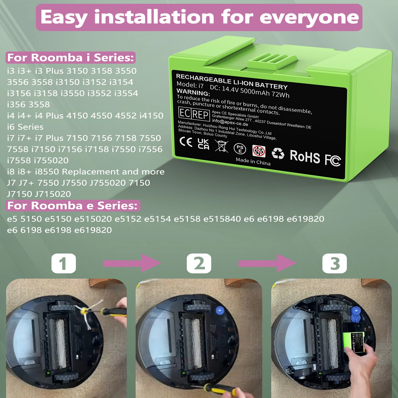 Bateria zamienna do odkurzacza IRobot Roomba I7, 5000 mAh, 14,4 V, kompatybilna z modelami I3, I4, I5, I6, I7, I8, J7, E5 – akumulator do ponownego ładowania. — zdjęcie produktu 3