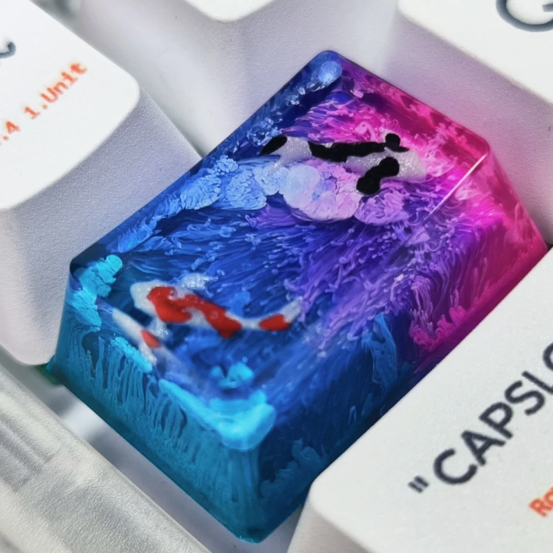 Zen Pool Resin Keycap Koi Carp Personality 1.5u Tab Drip Glue Keycaps for Mechanical Keyboard Gaming Accessories Gamer Gifts