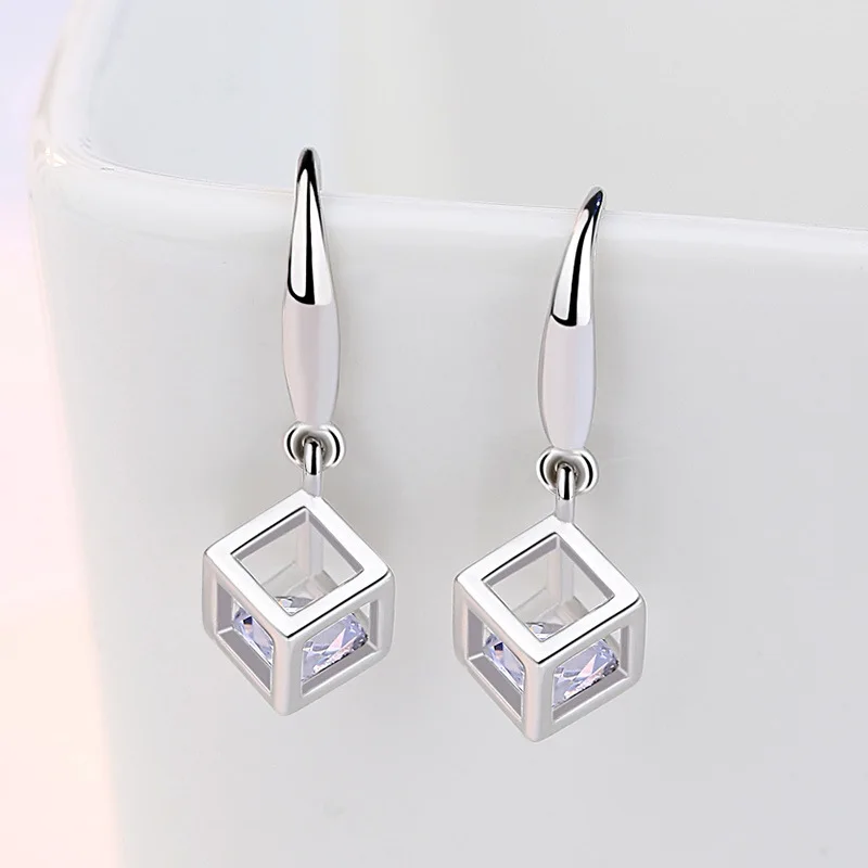 925 Sterling Silver Women\'s High Quality Jewelry Crystal Zircon Hollow Square Box Drop Earrings New Fashion XY0064