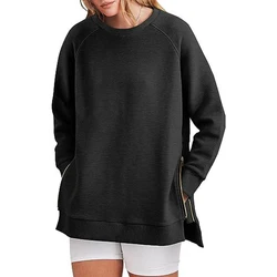 2023 Autumn Winter Women's Casual Streetwear Oversized Zipper Sweatshirt Female Solid Long Sleeve Irregular Pullover Tunic Tops