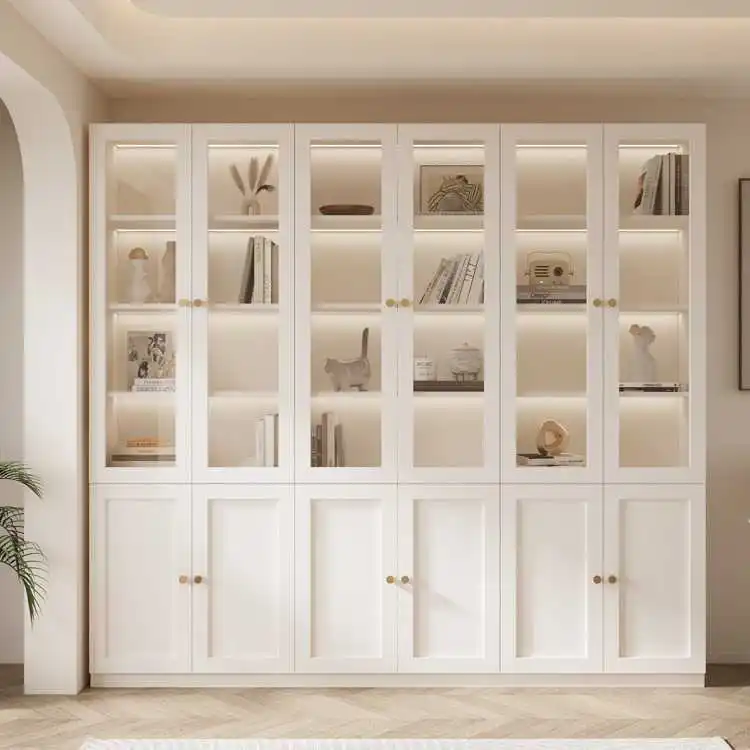 

Книжный шкаф-витрина из массива дерева с стеклянными дверцами, французский стиль, для дома, белый, для гостиной