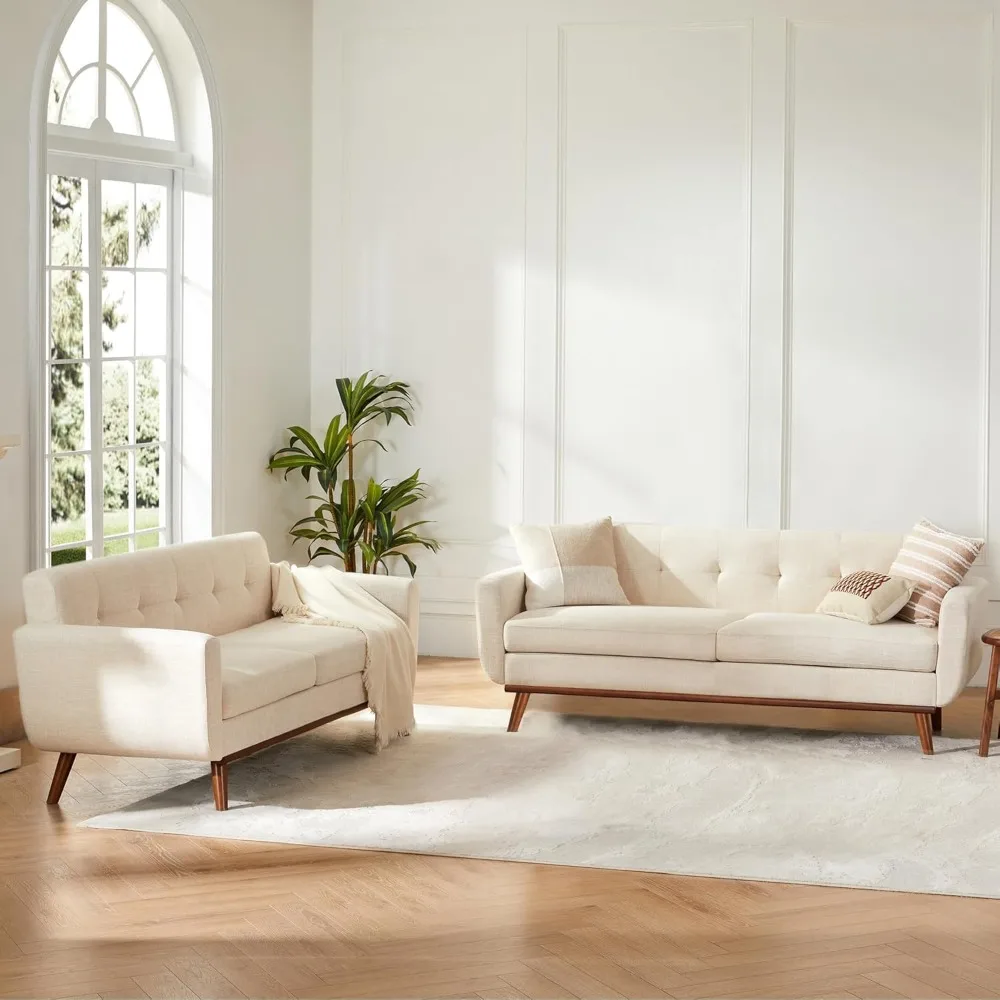 

2 Piece Loveseat and Sofa Sets, Mid Century Modern Decor Love Seat Couches for Living Room, Button Tufted Upholstered Furniture