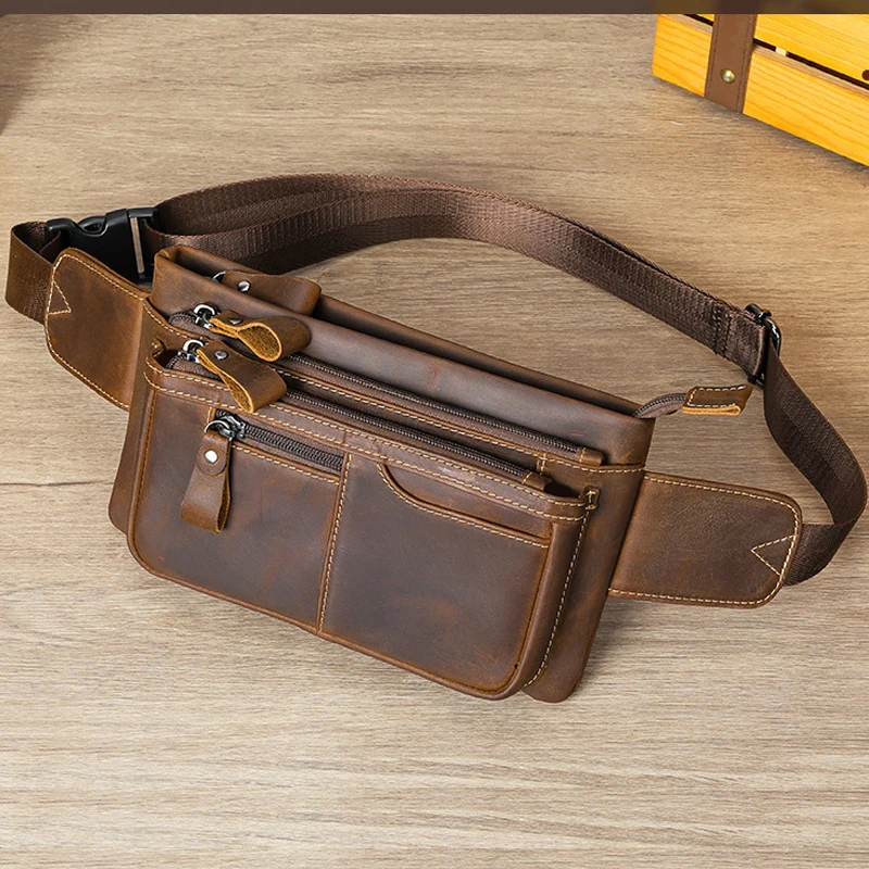 Crazy Horse Leather Waist Bag For Men Male Genuine Leather Waist Pack Fanny Pack Belt Pouch For Man Crossbody Bags For Phone