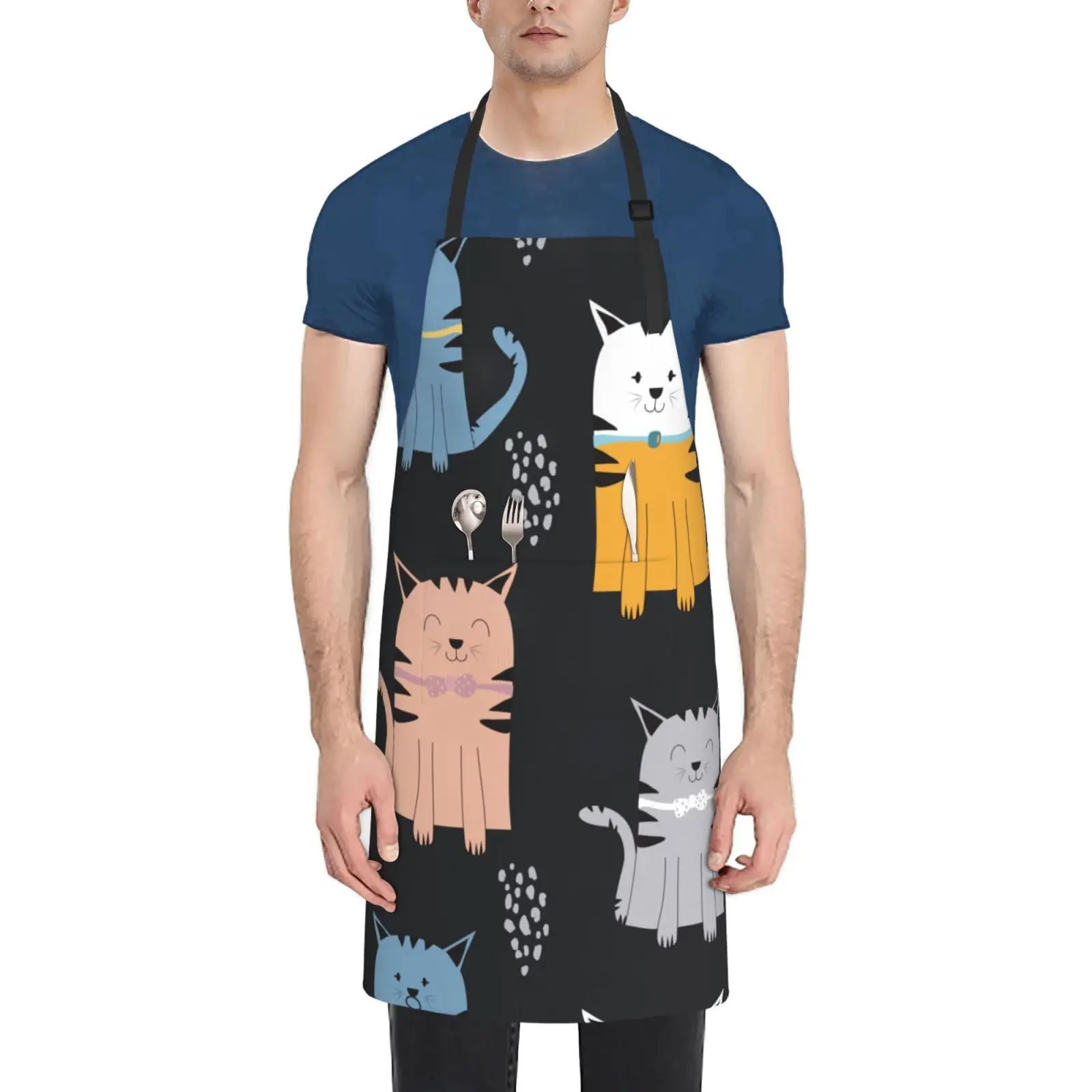 

Cute Colorful Cartoon Cat Seamless Pattern Apron Adjustable Neck Aprons For Men Women With Pockets Waterproof Aprons