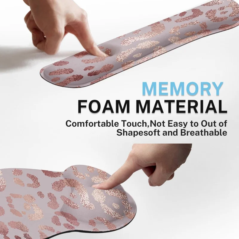 Rose Gold Leopard Pink Desk Mat, Animal Skin Mouse Pad Set with Wrist Support, 4-in-1 Large Mousepad+Keyboard