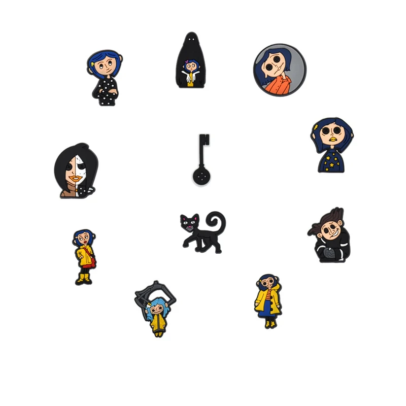 

11 шт. Новинка: Аниме-шармы с девочкой Коралин, популярные мультяшные значки, аксессуары для браслетов Crox, шармы Another Mon для обуви