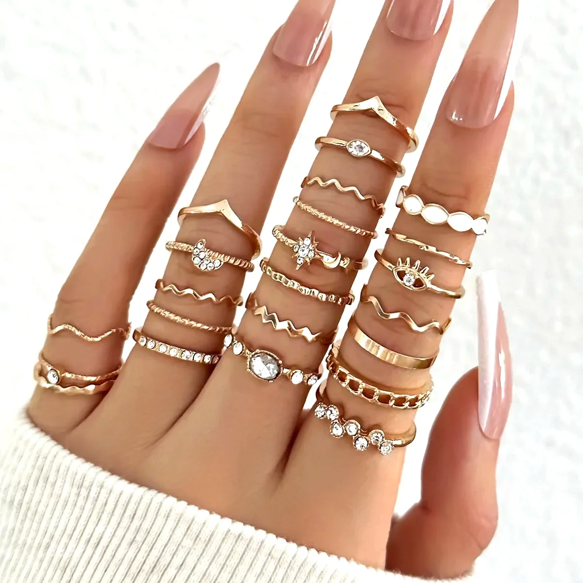 23PCS Fashion Luxury Shiny Zircon Wave Multi-Element Design Women's Ring Set, Suitable or Women's Daily Wear Rings