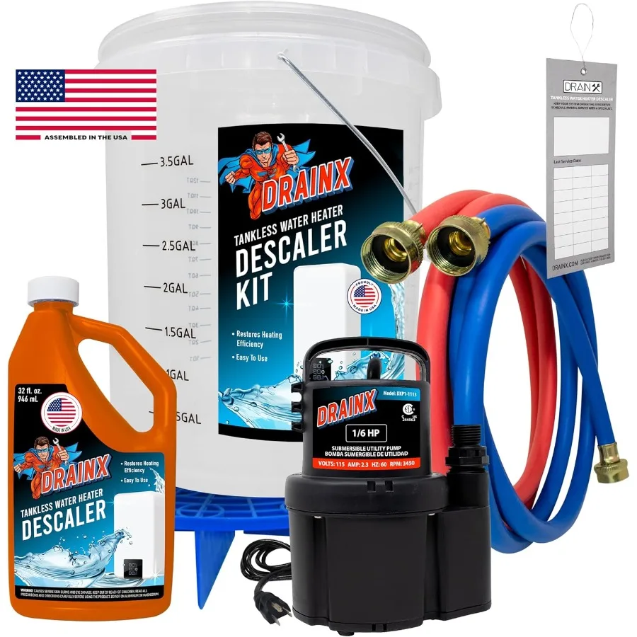 

Tankless Water Heater Flushing Kit with Submersible Pump Hoses Liquid Descaler Solution and Measuring Bucket for Efficient Main