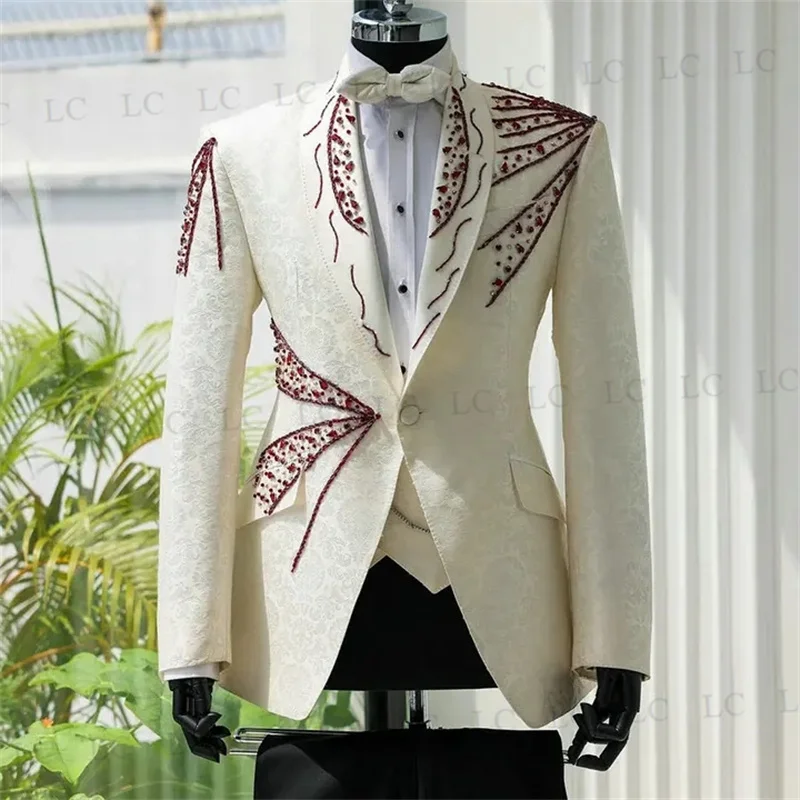 Beadings Crystals Wedding Jacquard Groom Men Suits 3 Pieces Blazer Pants Vest One Button Formal Work Wear Plus Size Tailored