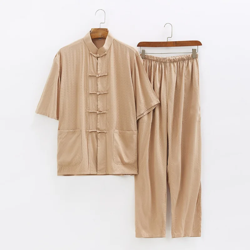 Summer New Cotton Tang Set Short Sleeves Tops Long Pants Hanfu Kungfu Wing Chun Practice Man Clothes Casual Chinese Style Suit