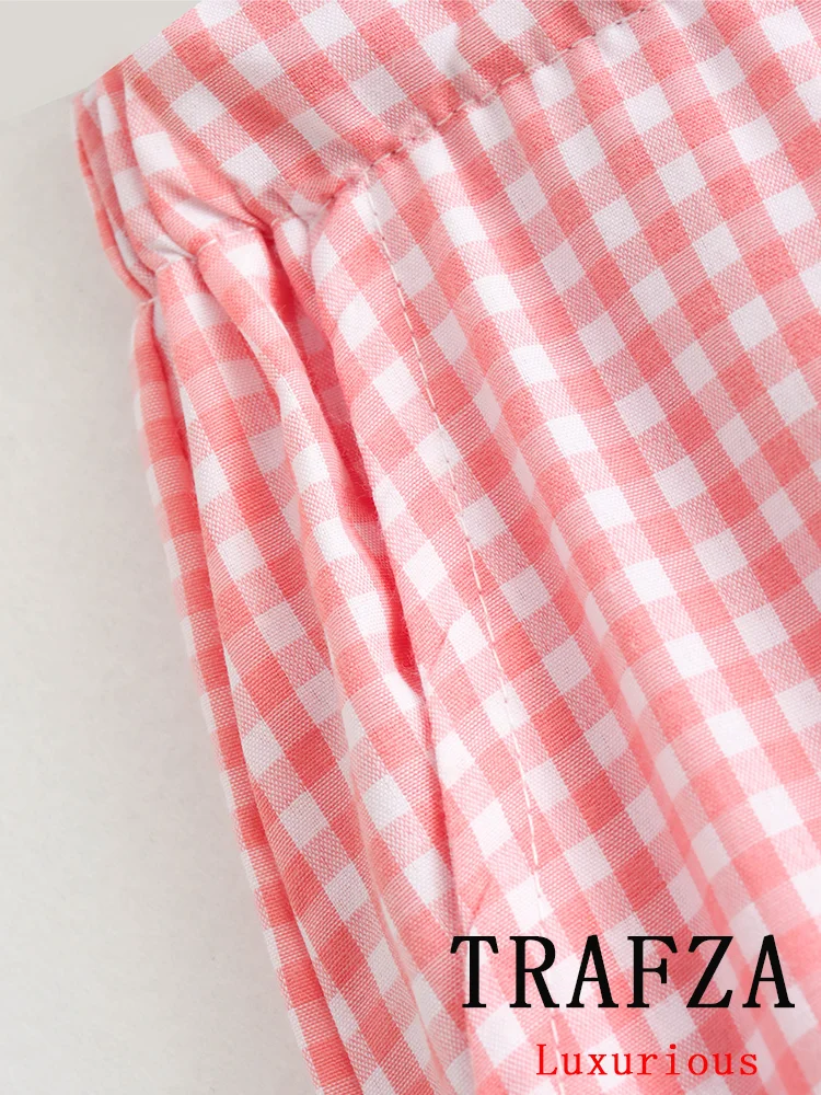 TRAFZA Vintage Casual Chic Women Suit Plaid Print Lace-up Long Sleeve Pockets Shirts Loose Long Pants Fashion 2024 Summer Sets