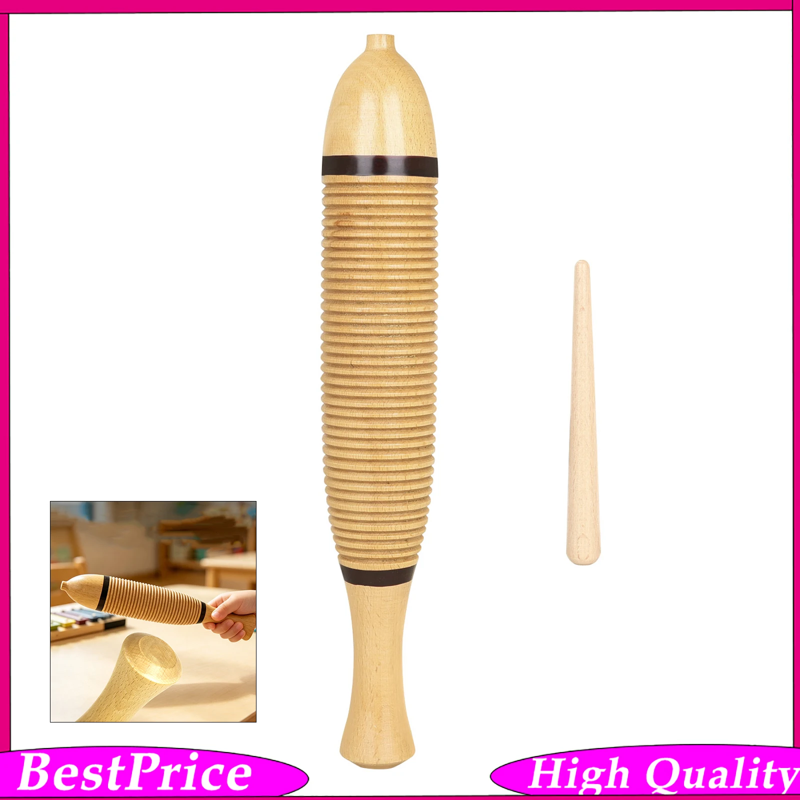 Beech Wood Fish Guiro 35cm Orff Percussion Instrument Wooden Frog Sound Tube with Stick for Kindergarten Teaching Performance