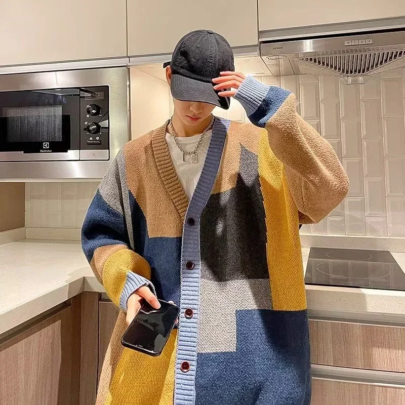 Ropa de hombre chaqueta abrigo cárdigan suéter de punto rojo hombre cuello en V empalme talla grande invierno 2025 tendencia gruesa clásica nuevo en X Old