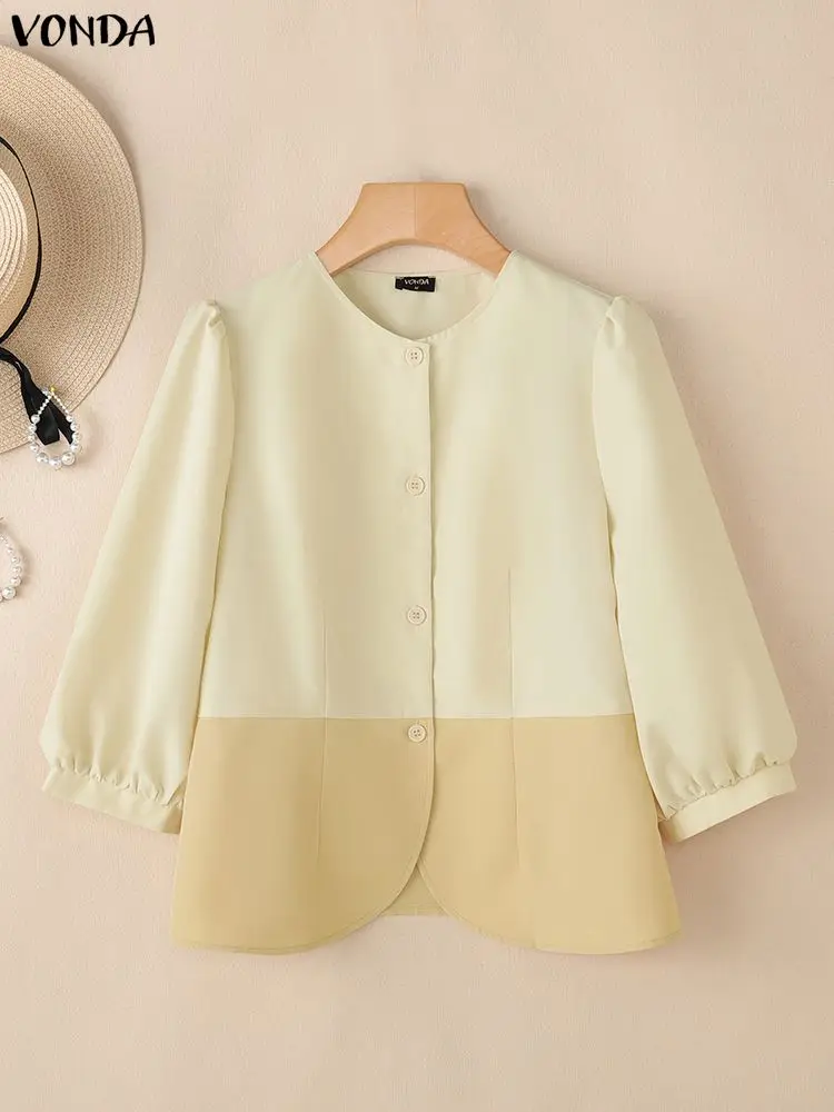 VONDA Camicie moda Donna Top Estate Manica 3/4 Patchwork di colore Camicetta casual 2025 Elegante streetwear Office Lady Blusas