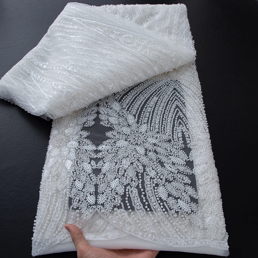 

White French African Beads Mesh Lace Fabrics High Quality French Sequins Bridal Lace Fabric For Women Wedding Dress 5 Yards