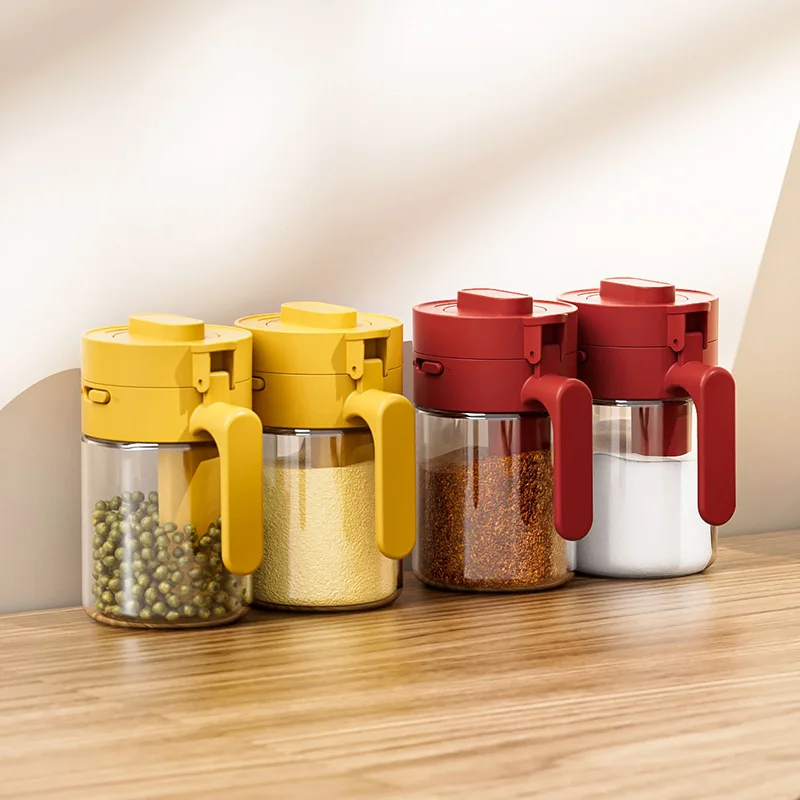 1pc household kitchen moisture-proof seasoning jar, 2-in-1 salt container, glass seasoning bottle, spoon, spice sorting bottle