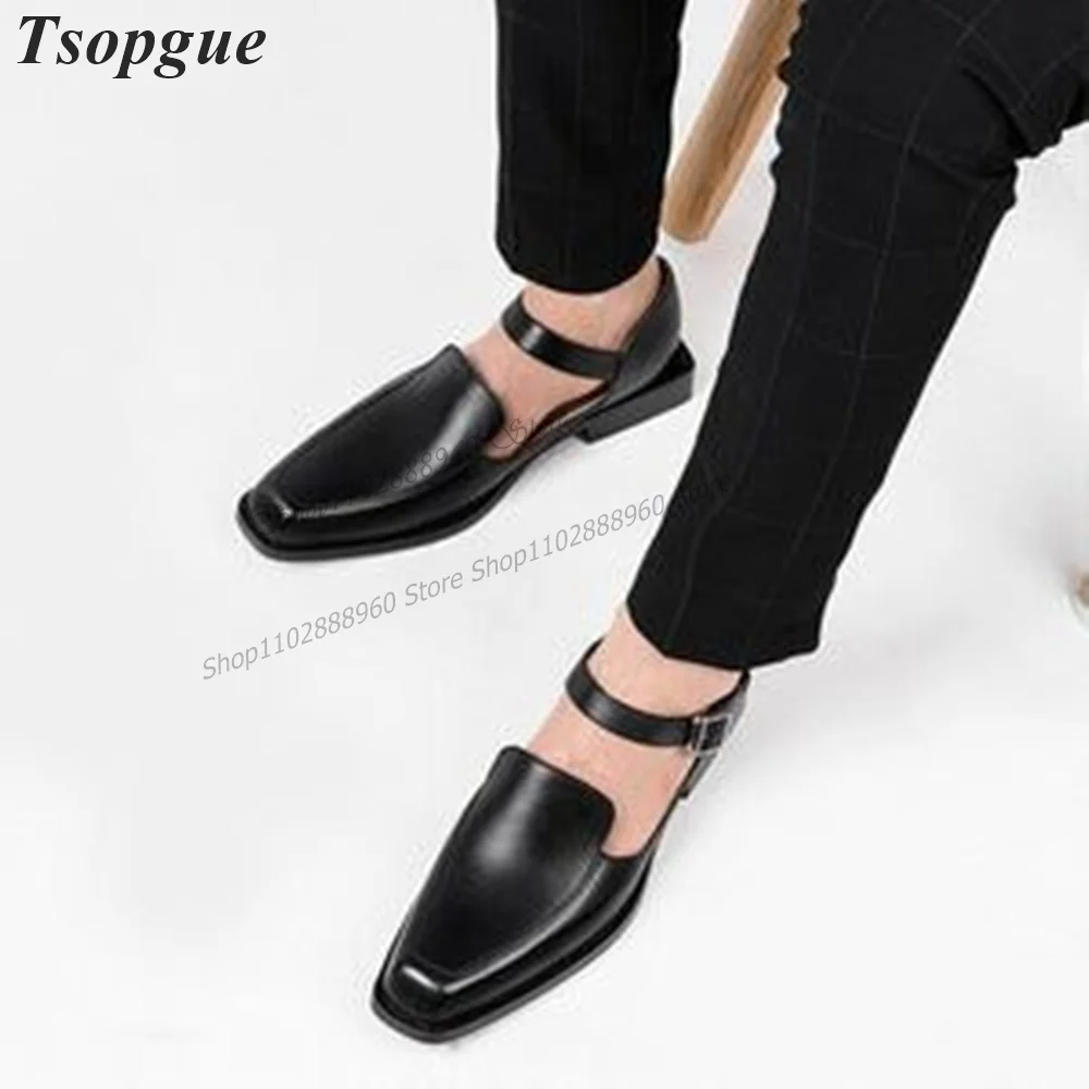 Black Matte Leather British Style Men's Sandals Shoes For Men Ankle Buckle Strap Runway Casual Party Shoes 2023 Zapatillas Muje