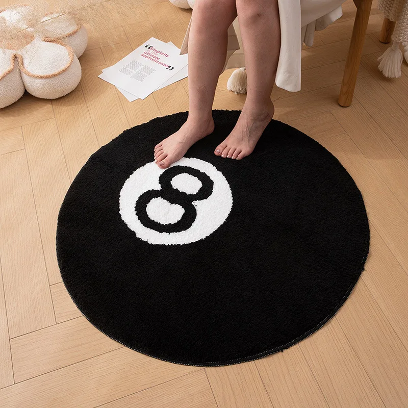 

1 Black 8-ball Circular Plush Carpet, Bedroom Anti Slip Basketball Carpet, Living Plush Soft Bathroom Floor Mat